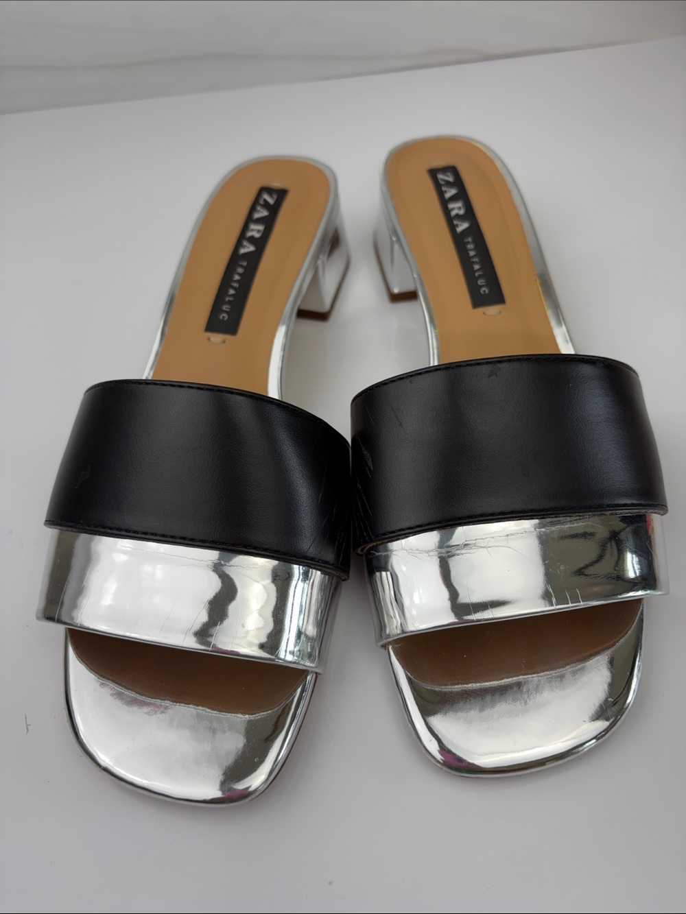 Zara Black and Silver Block Heel Slide Mules